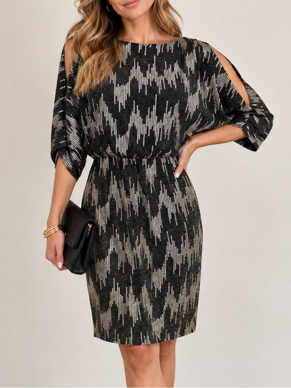 ACB Dress Black Gold Sequin Cold Shoulder Dolman Sleeve Cocktail  Dress